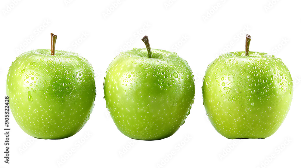 Poster fresh green apples in a row isolated on a transparent background