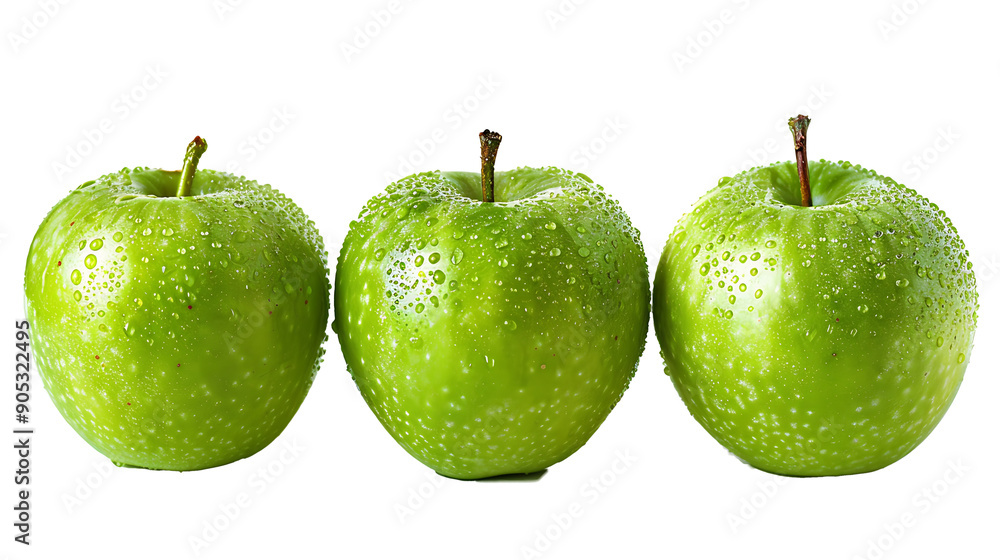 Poster fresh green apples in a row isolated on a transparent background