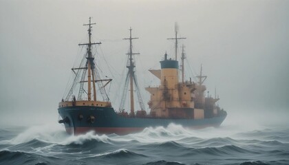 Fototapeta premium A cargo ship struggling through dense fog and towering waves in the early morning, with visibility near zero and the eerie sound of foghorns echoing. 