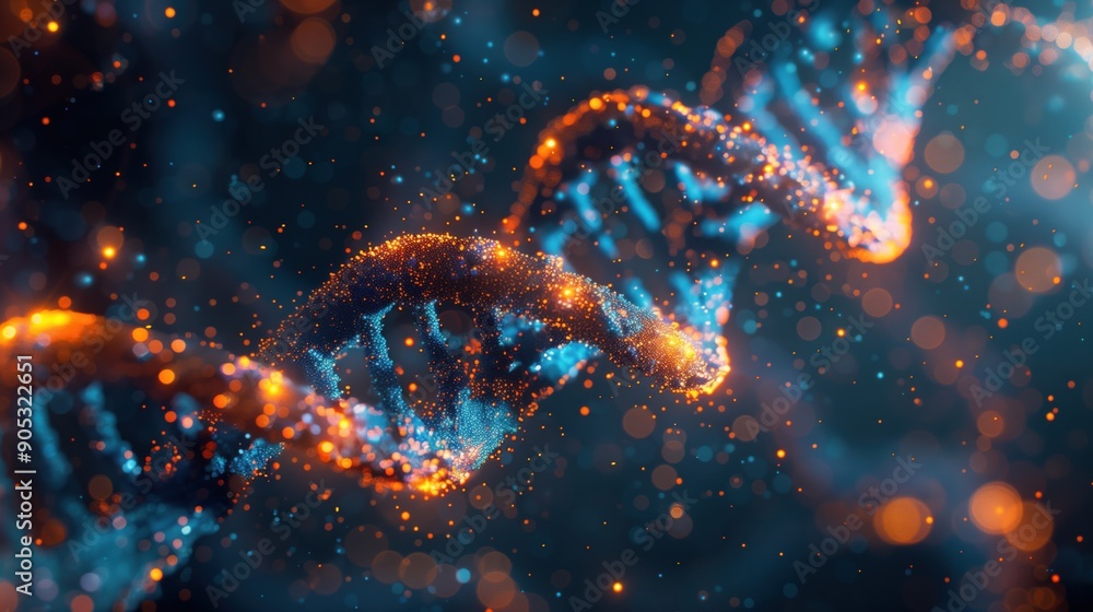 Poster shimmering dna structure in blue and orange. shimmering dna structure with blue and orange lighting,