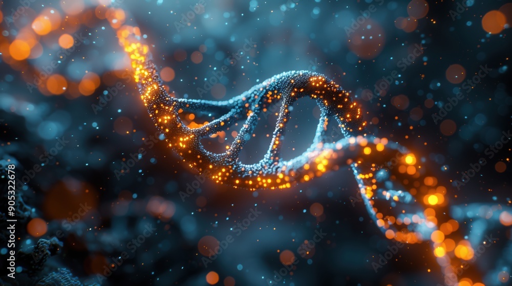 Poster twisting dna strand with bright particles. twisting dna strand adorned with bright particles, highli
