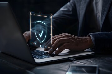 Digital illustration of a cybersecurity concept with a shield and various icons on a laptop screen. The image represents data protection and online security.