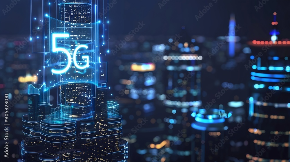 Fototapete 5g network digital hologram and internet of things on city background5g network wireless systems : g