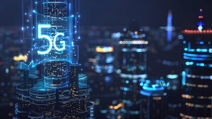 5G network digital hologram and internet of things on city background5G network wireless systems : Generative AI