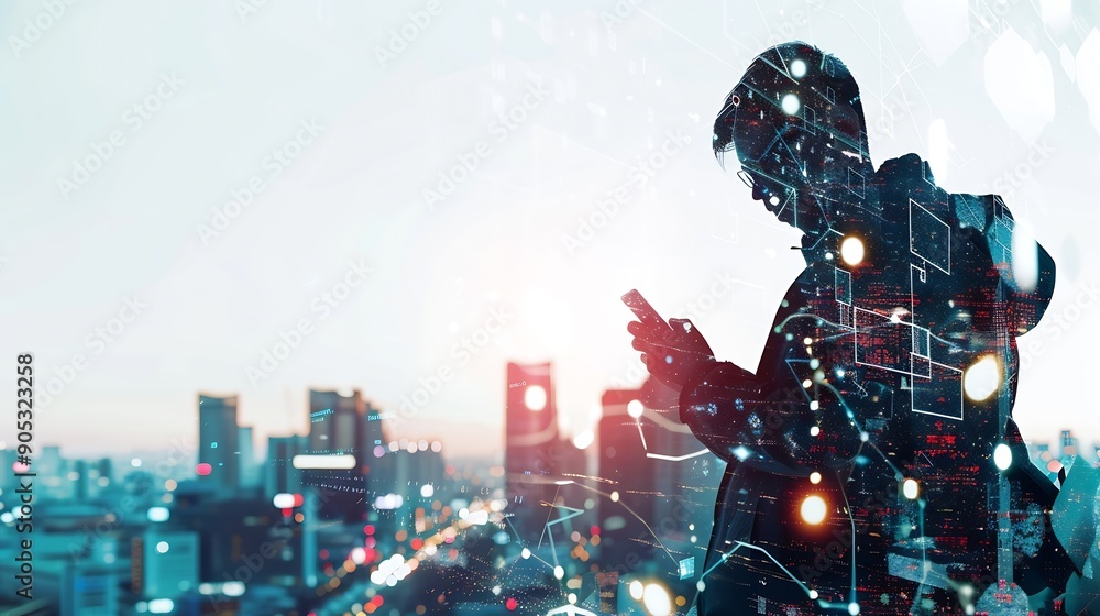 Poster Digital technology internet network connection big data digital marketing social media concept Double exposure of man using smart mobile phone surfing internet and the city technology  : Generative AI