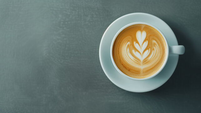 Overhead shot of an espresso with beautiful latte art in a white cup on a matching saucer, on a grey textured surface.
