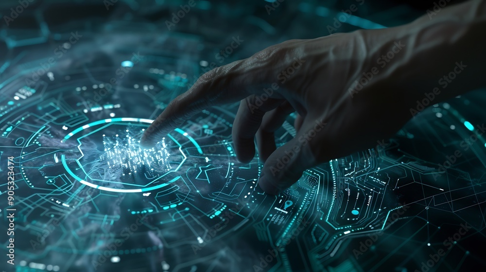 Leinwandbilder Hand touching abstract network circle technology structure Innovation networking future worldwide global concept : Generative AI
