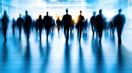 Blurry image of business people walking in a modern office building. Showcasing the movement and rush of professionals.