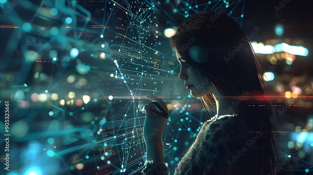 Poster Digital technology internet network connection big data digital marketing IoT internet of things Woman using modern computer surfing internet futuristic metaverse innovative technology : Generative AI