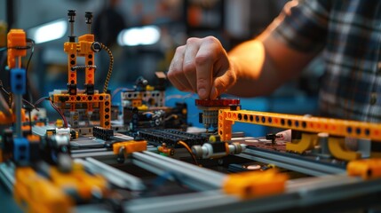 Fototapeta premium Engineer assembling a machine in a modern lab using a high-tech set, showcasing innovation and precision in engineering. Futuristic setting with blue and orange colors adds a high-tech vibe