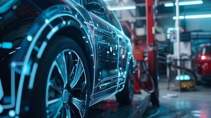 EV electric vehicle technology industry concept futuristic virtual graphic touch user interface on screen with auto repair garage blurred on background : Generative AI