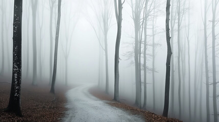 Naklejka premium Eerie mist rolling through a dense forest, creating a haunting and mysterious atmosphere perfect for a Halloween setting.