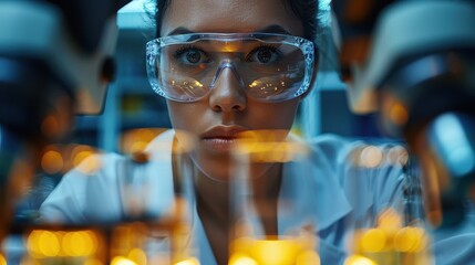 An intent scientist wearing protective goggles closely examines samples through a microscope in a contemporary lab setting, emphasizing curiosity and scientific dedication.