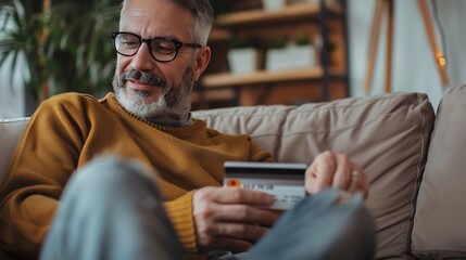 adult man at home shopping online use internet hold credit card ebanking online shop ecommerce : Generative AI
