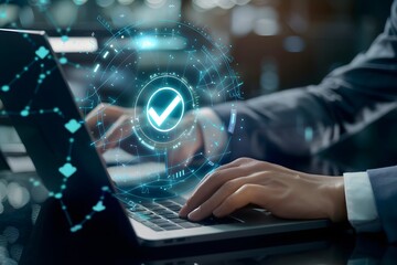 Digital illustration of a cybersecurity concept with a shield and various icons on a laptop screen. The image represents data protection and online security.