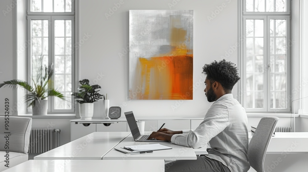 Poster man working intently at laptop in bright modern office with abstract art. generative ai