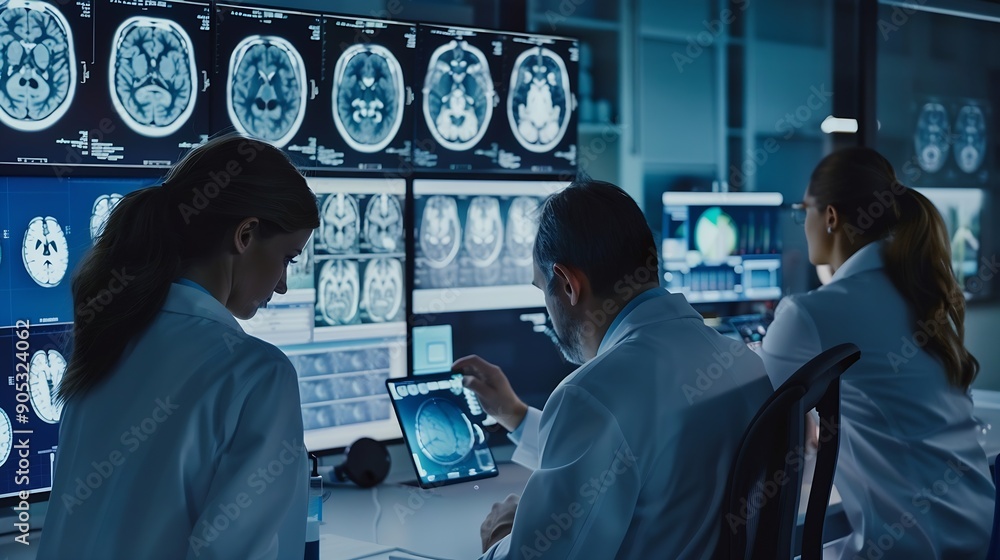 Fototapete a group of medical professionals reviewing and analyzing detailed brain scans displayed on digital s