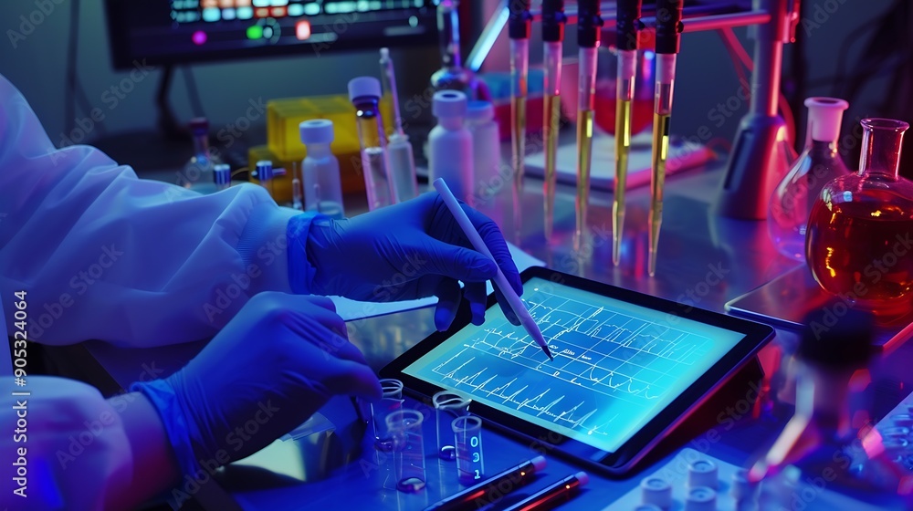 Poster scientist hand tablet and hologram in laboratory with typing chart data and 3d overlay for pharma de