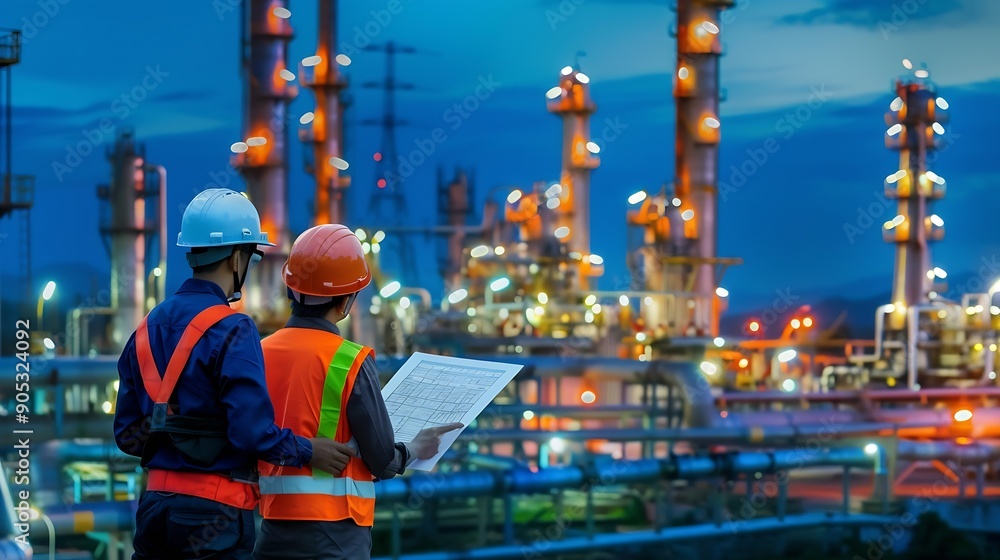Aufkleber engineer survey team wear uniform and helmet stand workplace checking blueprint project radio commun