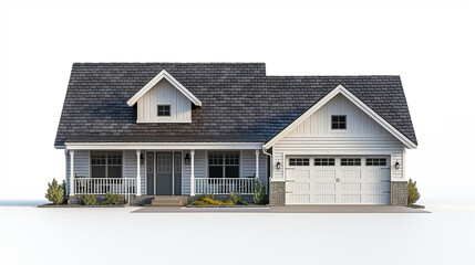Traditional ranch house with a low-pitched roof and spacious front porch, offering a blend of rustic charm and modern comfort, on white background.