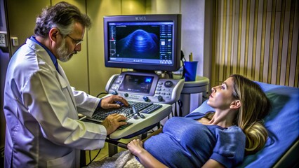 Demonstration of medical equipment, in the hospital premises, ultrasound, MRI, CT, X-ray machine, massage chair