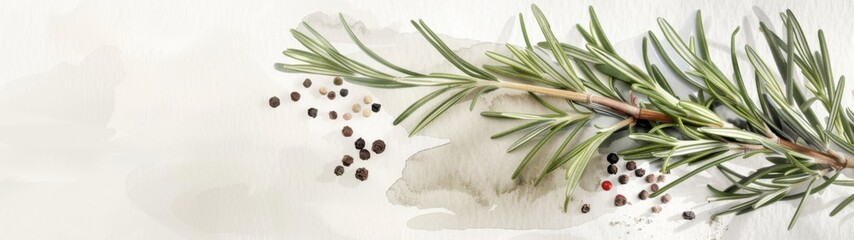 Organic rosemary leaves with pepper on a white background, vibrant green hue, fresh herbs, essential cooking ingredients, perfect for culinary design and presentations
