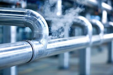 Naklejka premium Steam emitting from industrial pipes in a manufacturing plant. The image captures the metal pipes and the rising steam in a factory environment.