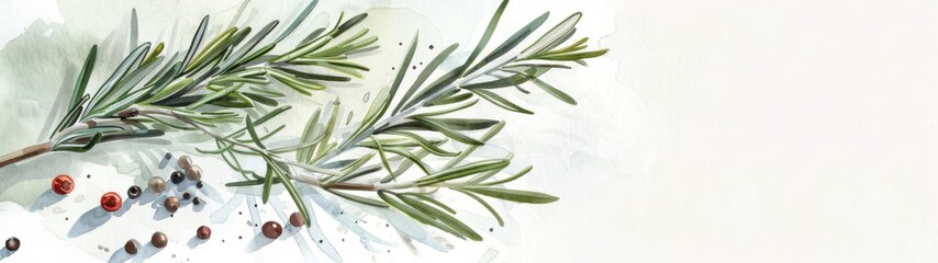 Fresh green organic rosemary leaves with pepper on a white background, vibrant natural colors, ideal for culinary designs, highlighting fresh herb and spice ingredients.