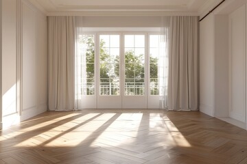 Fototapeta premium 3d rendering of an empty living room with sunlight shine through a sliding door, wooden floor, white wall. Renovate, New house, Home loan, Property, Background, Mockup, Backdrop, Generative AI