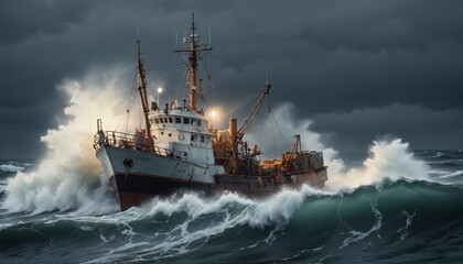 A lone fishing boat braving a foggy, freezing night at sea, surrounded by towering waves and icy mist as it fights against the elements.
