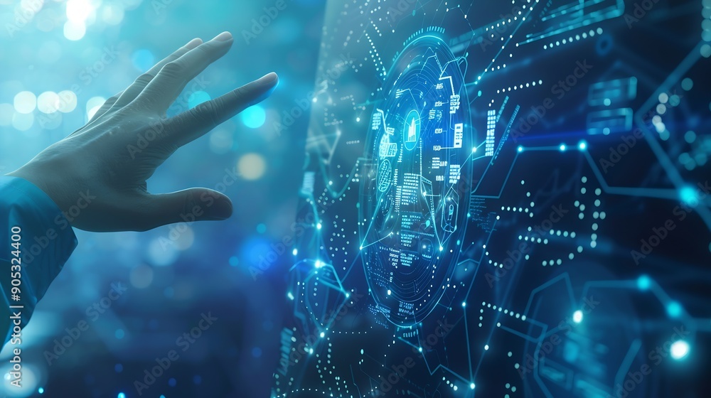 Poster A person interacting with a futuristic holographic interface featuring digital data and connections on a blue background showcasing technology concept : Generative AI