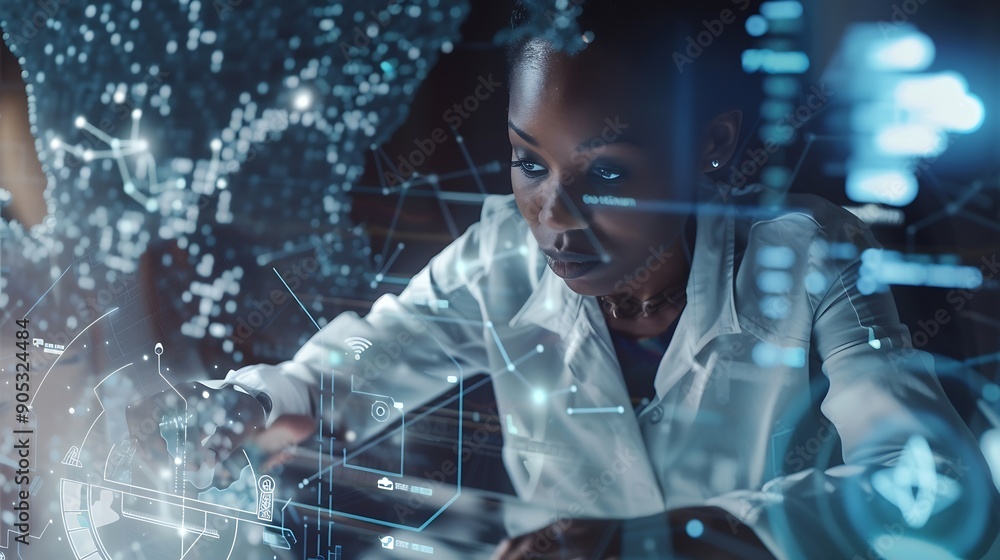 Poster Black woman working in office and futuristic graphical user interface concept ICT Information Communication Technology System engineering : Generative AI