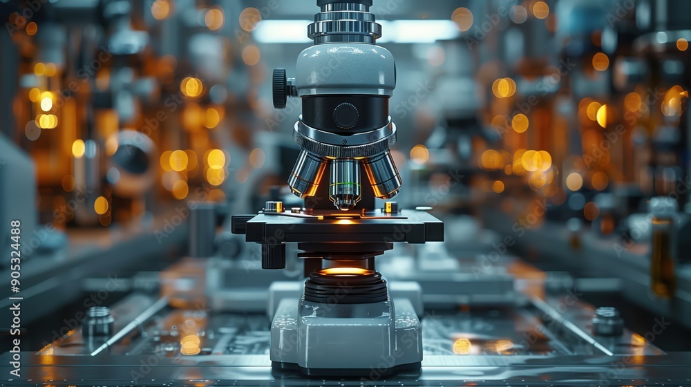 Poster microscope focused on sample in laboratory. microscope focused on a sample in a laboratory, demonstr