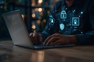 Digital illustration of a cybersecurity concept with a shield and various icons on a laptop screen. The image represents data protection and online security.