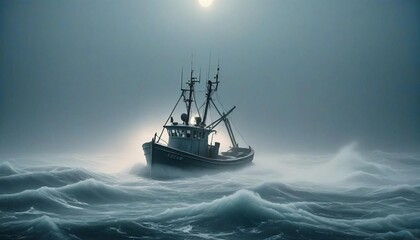 Obraz premium A lone fishing boat braving a foggy, freezing night at sea, surrounded by towering waves and icy mist as it fights against the elements. 