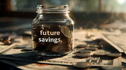 Closeup of Jar Filled with Coins Labeled "Future Savings" and Financial Documents