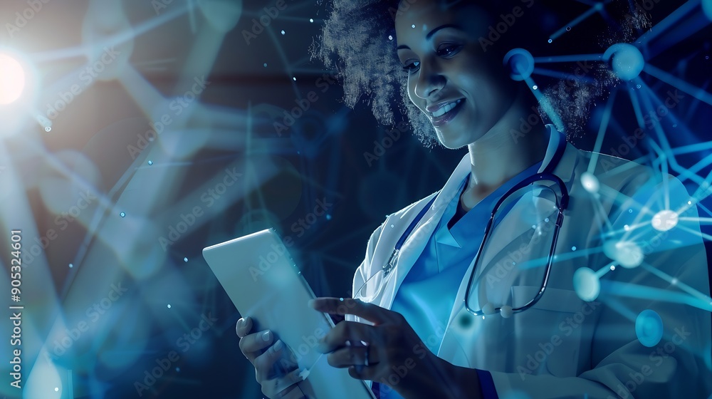 Poster happy face and woman with a tablet doctor and typing with connection website info and employee portr