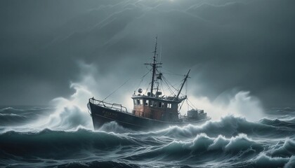 Fototapeta premium A lone fishing boat braving a foggy, freezing night at sea, surrounded by towering waves and icy mist as it fights against the elements. 