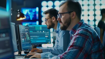 Portrait of two professional male programmers working on computer in diverse offices Modern IT technologies development of artificial intelligence programs applications and video games : Generative AI