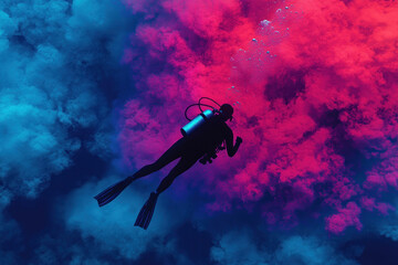 A captivating silhouette of a diver in vibrant underwater clouds, showcasing the beauty of marine exploration and adventure.
