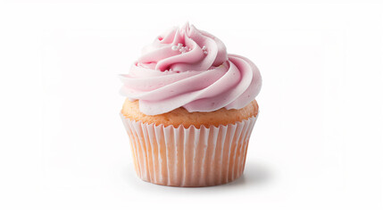A vanilla cupcake with pink frosting, decorated with white sprinkles, in a white paper liner.