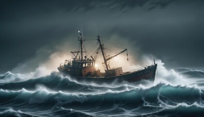 Fototapeta premium A lone fishing boat braving a foggy, freezing night at sea, surrounded by towering waves and icy mist as it fights against the elements. 