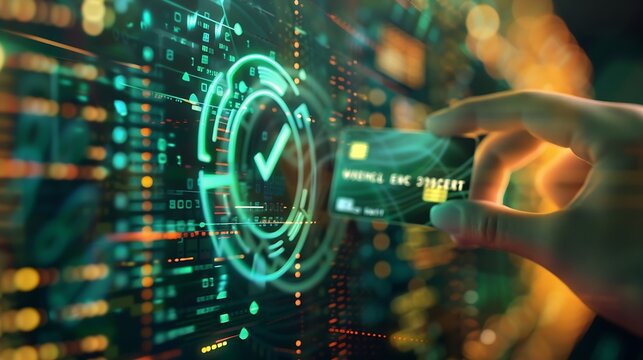 Secure Online Payment Transaction Process concept Person confirming a secure online payment using a credit card through a digital interface with verification tick symbol Internet banki : Generative AI
