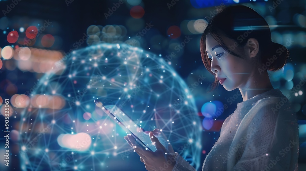 Poster Woman on digital tablet futuristic network overlay and iot cloud data communication hologram with blockchain coding technology Future of cyber security fintech software and information : Generative AI