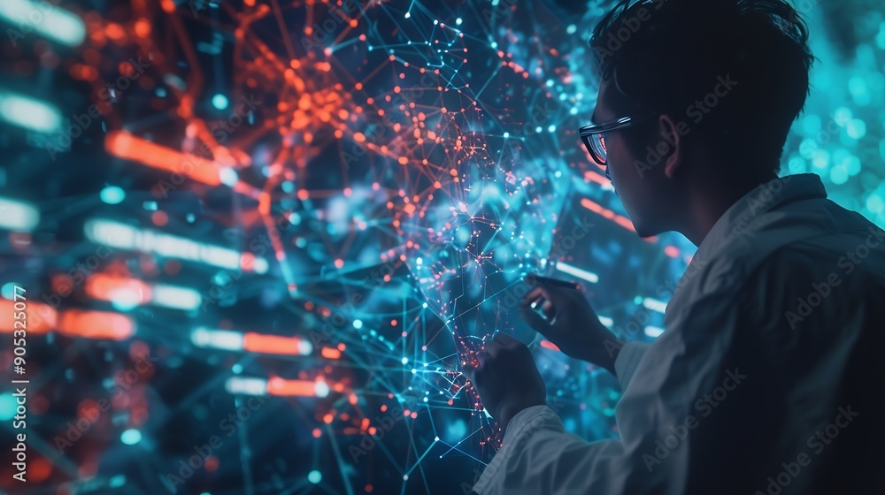 Poster Digital technology internet network connection big data digital marketing IOT internet of things Man using modern computer surfing internet futuristic metaverse innovative technology b : Generative AI