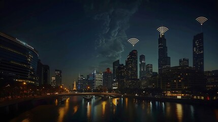 Obraz premium Cityscape with wifi connection conceptualinformation communication technology concept : Generative AI