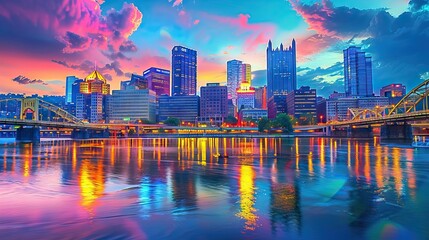 Obraz premium Vibrant City Skyline at Dusk with Illuminated Buildings and Reflections in the River. AI generated illustration