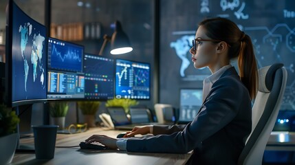 Fototapeta premium Businesswoman using computer to do daily tasks at modern office : Generative AI