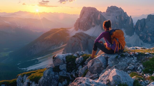 A Woman With Backpacks Sitting Atop A Mountain Enjoying The Scenic Valley View During Sunset