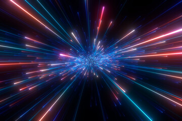 Fototapeta premium Bright radial light beams. Abstract background in blue and red neon glow color. Light burst in universe. Space background for event, party, carnival, celebration, anniversary or other. 3D rendering